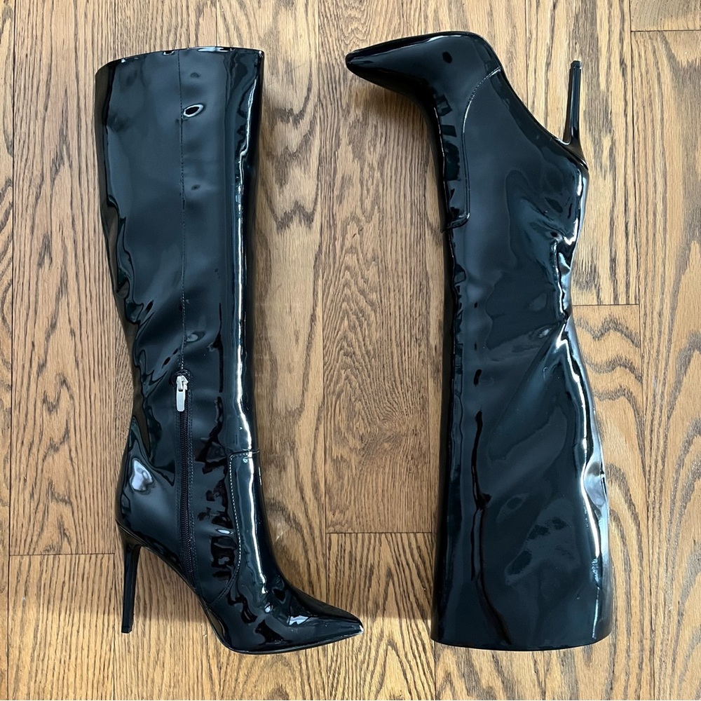 NINE WEST Taler Black Patent Knee High Pointy Toe Stiletto Boots 8 M
